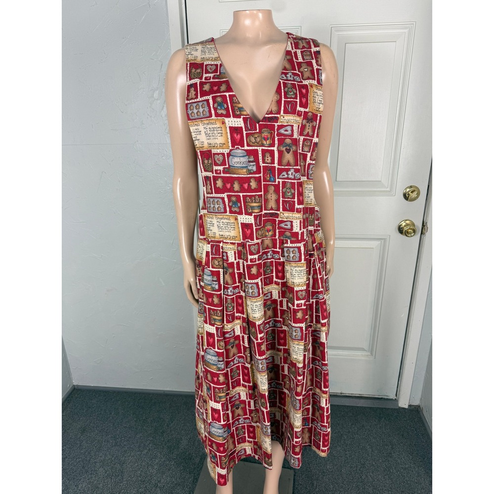 Vintage 90s Handmade Dress Novelty Print Gingerbread Christmas pockets Cookie D8